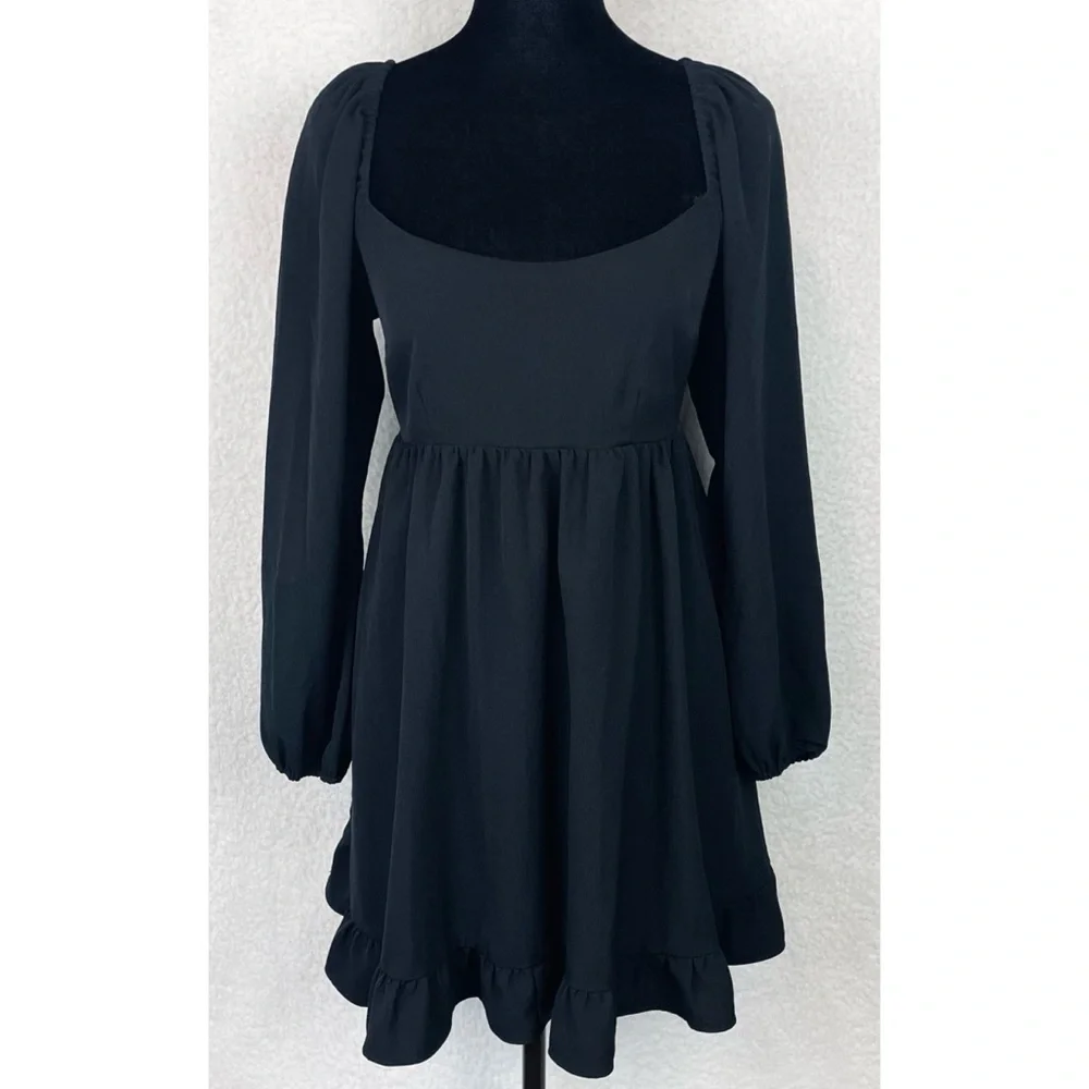 ABERCROMBIE & FITCH • Black Ruffle-Trim Long Sleeve Babydoll Mini Dress, SP - Picture 13 of 16